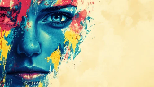 Chromatic portrait study with cyan skin and dynamic splatter