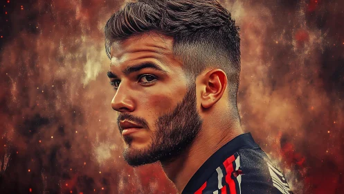 Focused footballer portrait against abstract warm background.