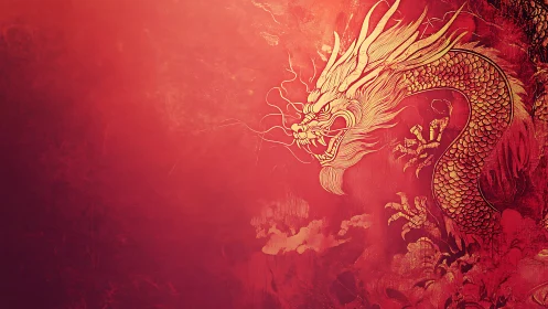 Golden oriental dragon illustration coils over scarlet ground