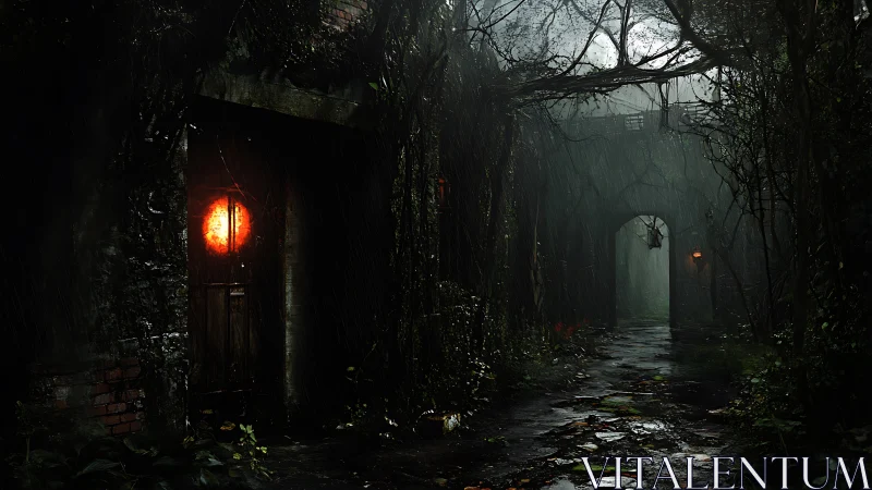 Rain-soaked haunted alley with glowing red lanterns.