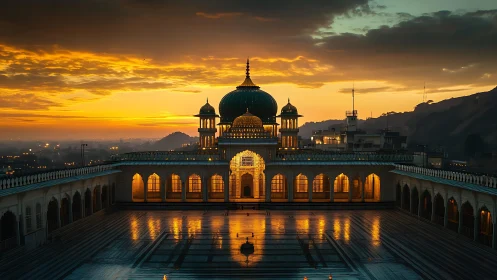 Golden domed mosque courtyard glows under a peaceful sunset
