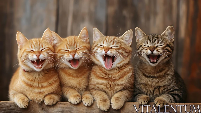 Four Laughing Cats in a Row Displaying Joy and Happiness Together