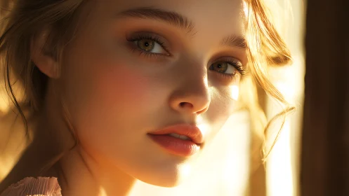 Soft golden portrait of young woman in warm window light.