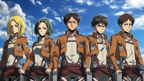 Five uniformed anime soldiers aligned under high contrast sky