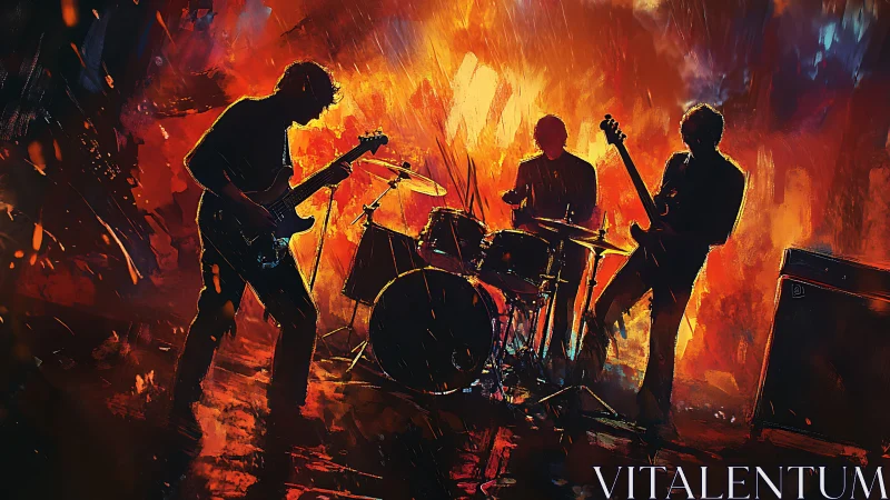 Silhouetted rock band performing on stage with fiery backdrop.