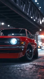Low-slung crimson classic prowls beneath neon city overpass