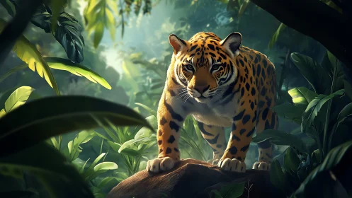 Tiger in Jungle Habitat with Filtered Sunlight