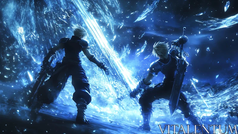 Twin sword warriors ignite a storm of blue crystal energy