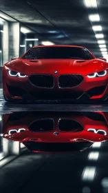 Red sports coupe glows menacingly in a slick urban tunnel