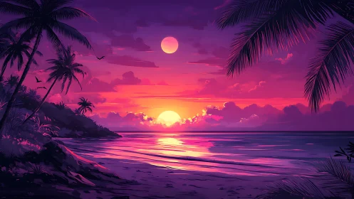 Dual-sun tropical shoreline under saturated dusk sky