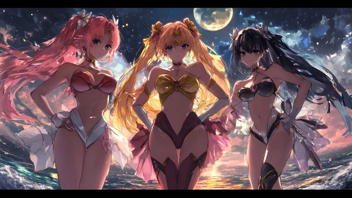 Moonlit anime triad poses over glowing ocean horizon