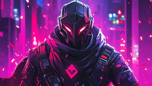Neon-armored cyber operative in luminous magenta haze.