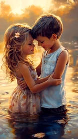 Children embrace in golden sunset waters.