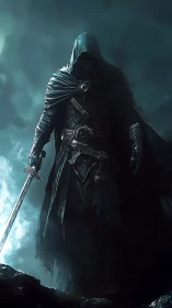 Hooded dark knight with sword amid storm clouds at night.