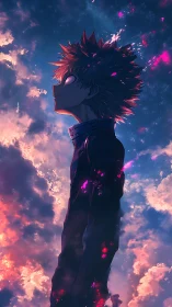 Anime boy in glowing night sky with dramatic clouds.