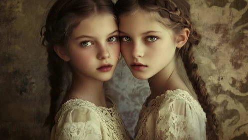 Twin girls in lace dresses against muted patterned backdrop.