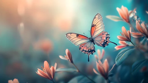 Macro-optimized butterfly in teal-orange bokeh floral field.