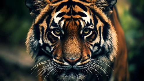 Close frontal view of tiger in forest environment.