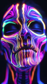 Neon-veined cyber face aglow in electric ultraviolet silence.