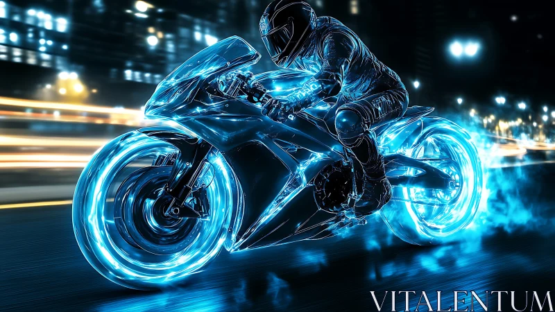 Motorcyclist on neon-lit sport bike in night cityscape.
