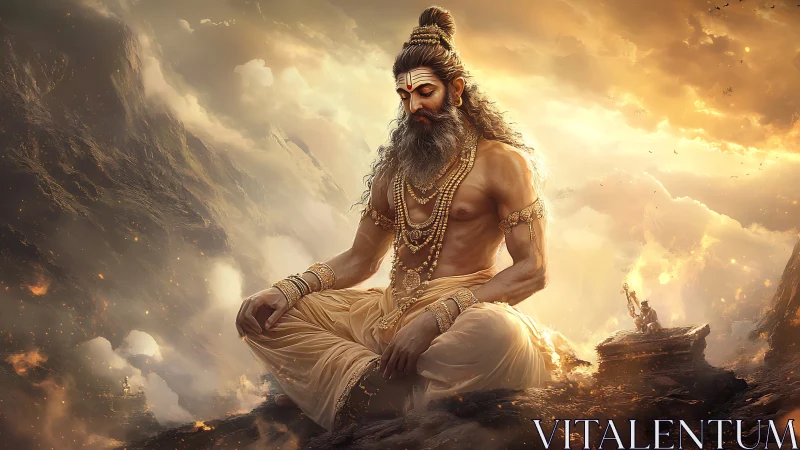 Golden mountain sage rests in deep, glowing meditation