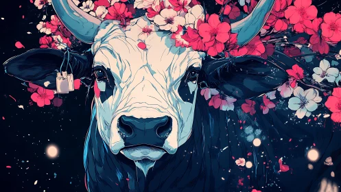 Floral crowned bull under neon blossoms, midnight palette.