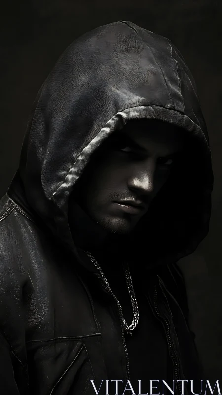 Hooded male figure in dark clothing with low key lighting.