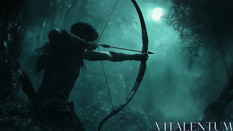 Moonlit forest archer draws bow in tense stealth ambush