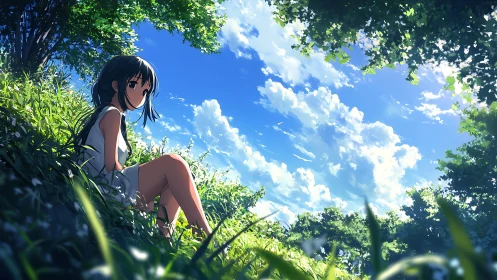Summer hillside girl in white dress under luminous sky.