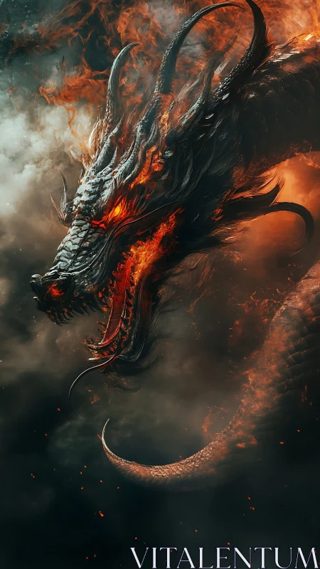 Fiery horned dragon lunging through swirling dark smoke.