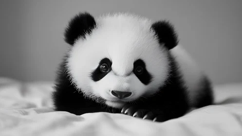 Soft-focus baby panda daydreaming on cloud-white sheets.