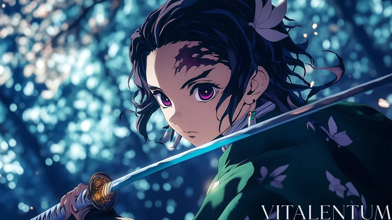 Anime swordsman in dynamic close-up with bokeh forest light.