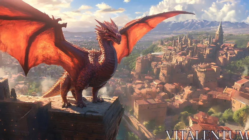 Crimson dragon guards sunlit medieval city from cliff edge