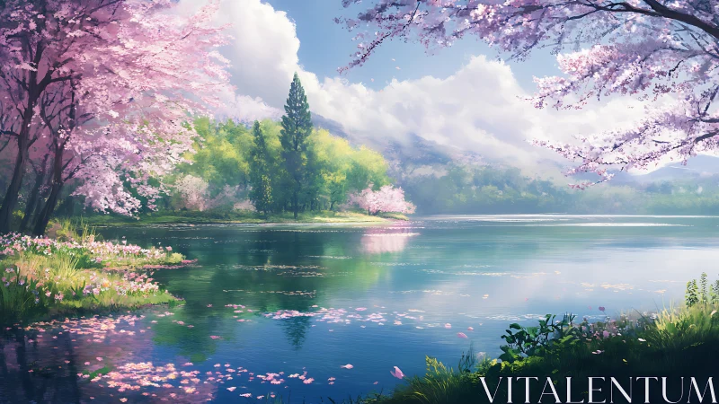 Petal-brushed lakeside morning wrapped in hush and color.