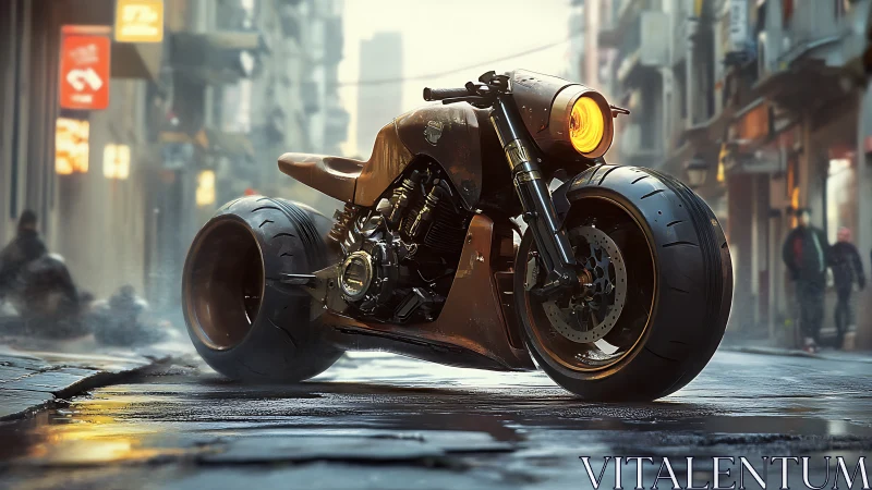 Futuristic custom motorcycle stands on wet urban street