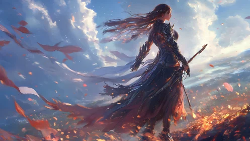 Stormlit warrior queen carves a fiery horizon of falling dawn