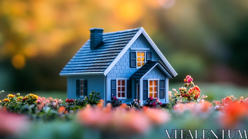 Mini blue cottage glows warmly inside a dreamy flower meadow