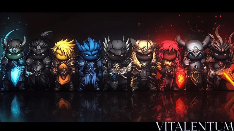 Heroic chibi warriors line up in glowing elemental armor