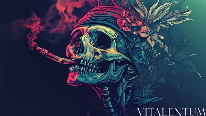 Vibrant pirate skull relaxes with glowing smoke and flowers