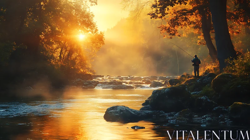 Angler silhouetted in golden hour mist on autumn forest river