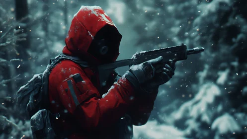 Hooded armed figure in red jacket within snowy forest environment.