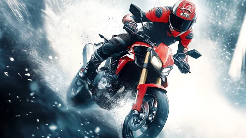 Motorcyclist on red street bike in dynamic water spray.