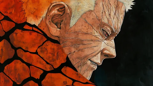 Scarred anime warrior in cracked orange armor profile.