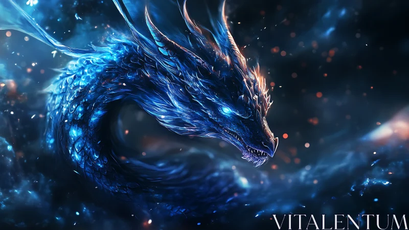Celestial blue dragon glides through swirling cosmic light
