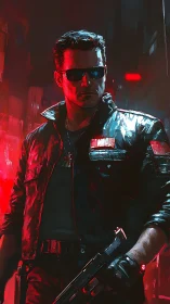 Neon city guardian in leather and shadows stands watchfully.