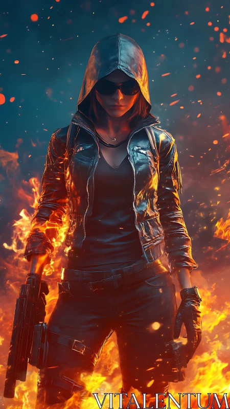 Hooded cyber operative in tactical gear amid rising flames