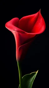 Red calla lily with curved petals against black background
