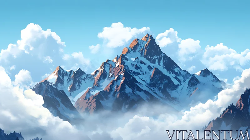 Snow covered mountain range above dense cloud layer.