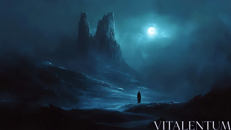 Nocturnal monoliths in cinematic blue digital landscape design.