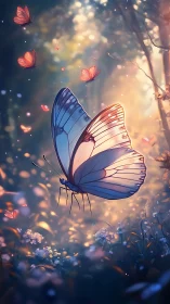 Gentle blue butterfly drifts through soft golden forest light